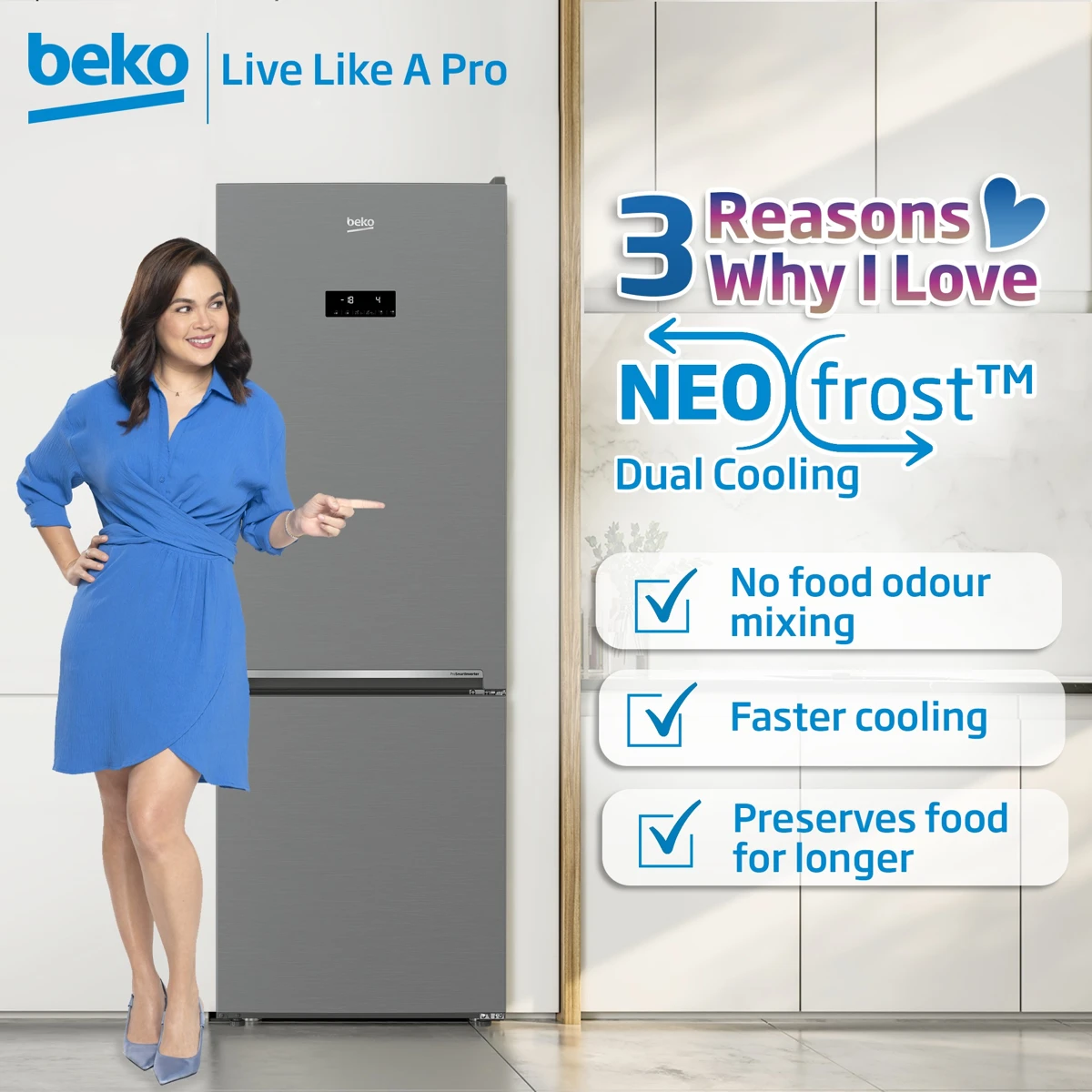 Beko NeoFrost campaign artwork featuring three cooling benefits