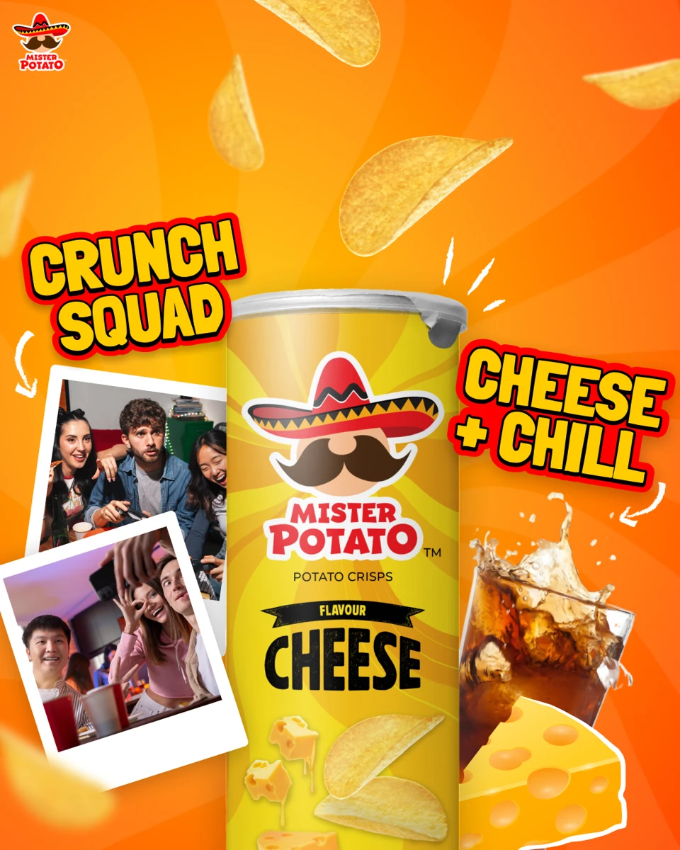 Mister Potato cheese-launch campaign artwork: Crunch Squad, Cheese and Chill