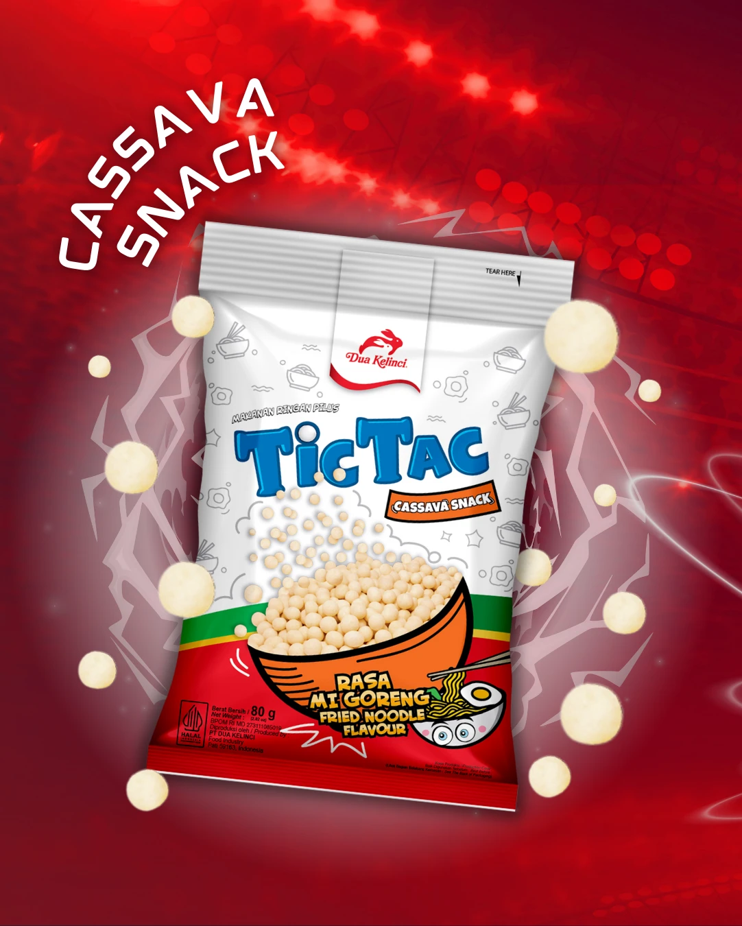 TicTac cassava-snack social artwork on a red campaign background